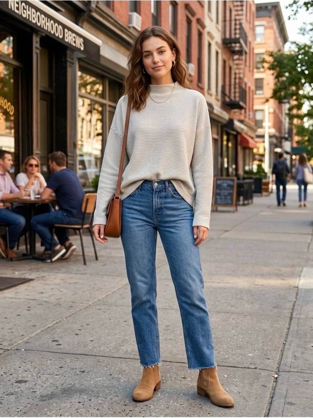 Tahari Waffle Knit Mock Neck Sweater Cream/Oatmeal Cozy Casual M
